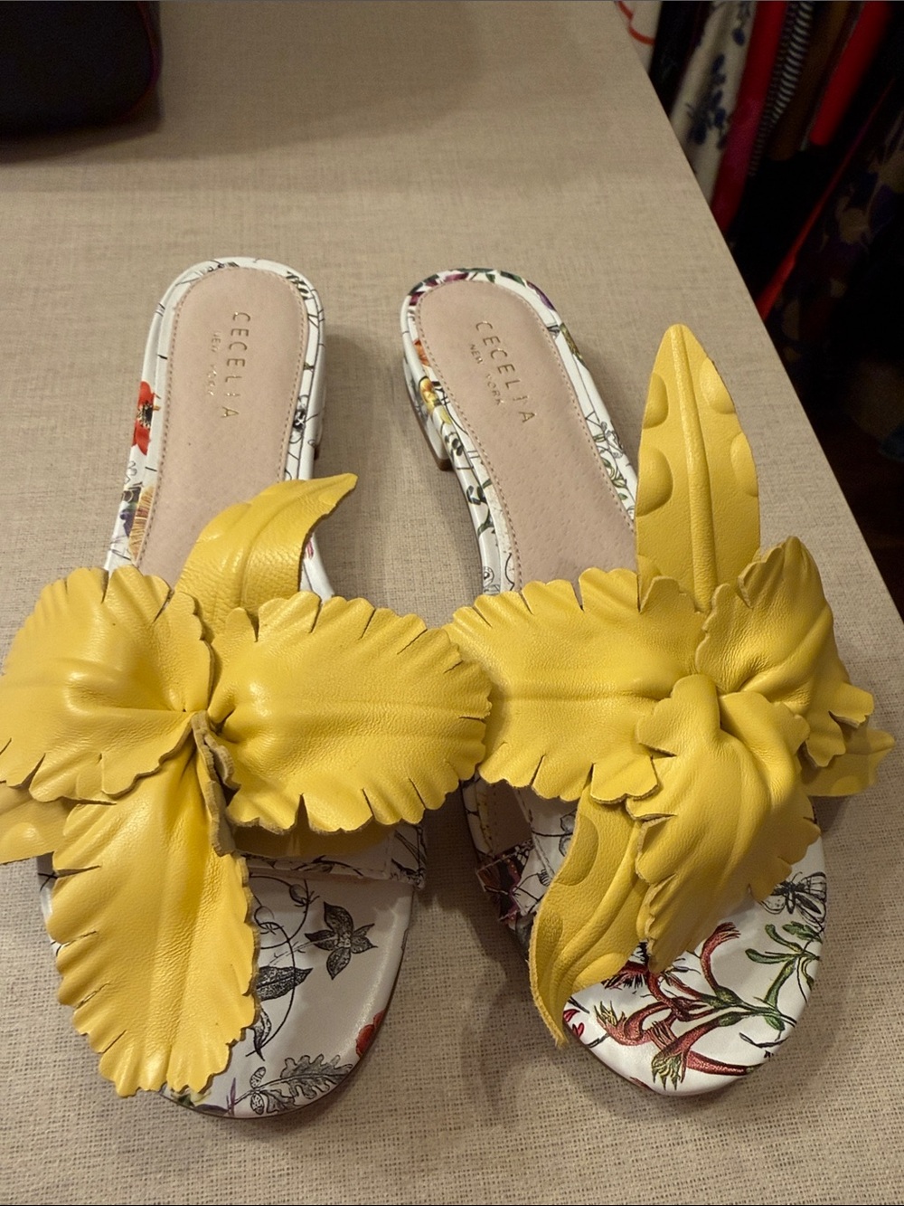 CECILIA NEW YORK Yellow Floral Leather Slide Sandals